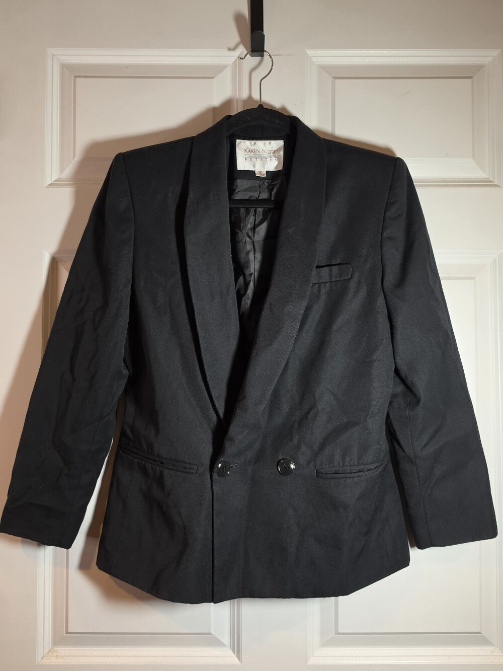 Karen Scott Black Double-Breasted Shawl Collar Blazer Shoukder Pads 10 Petite